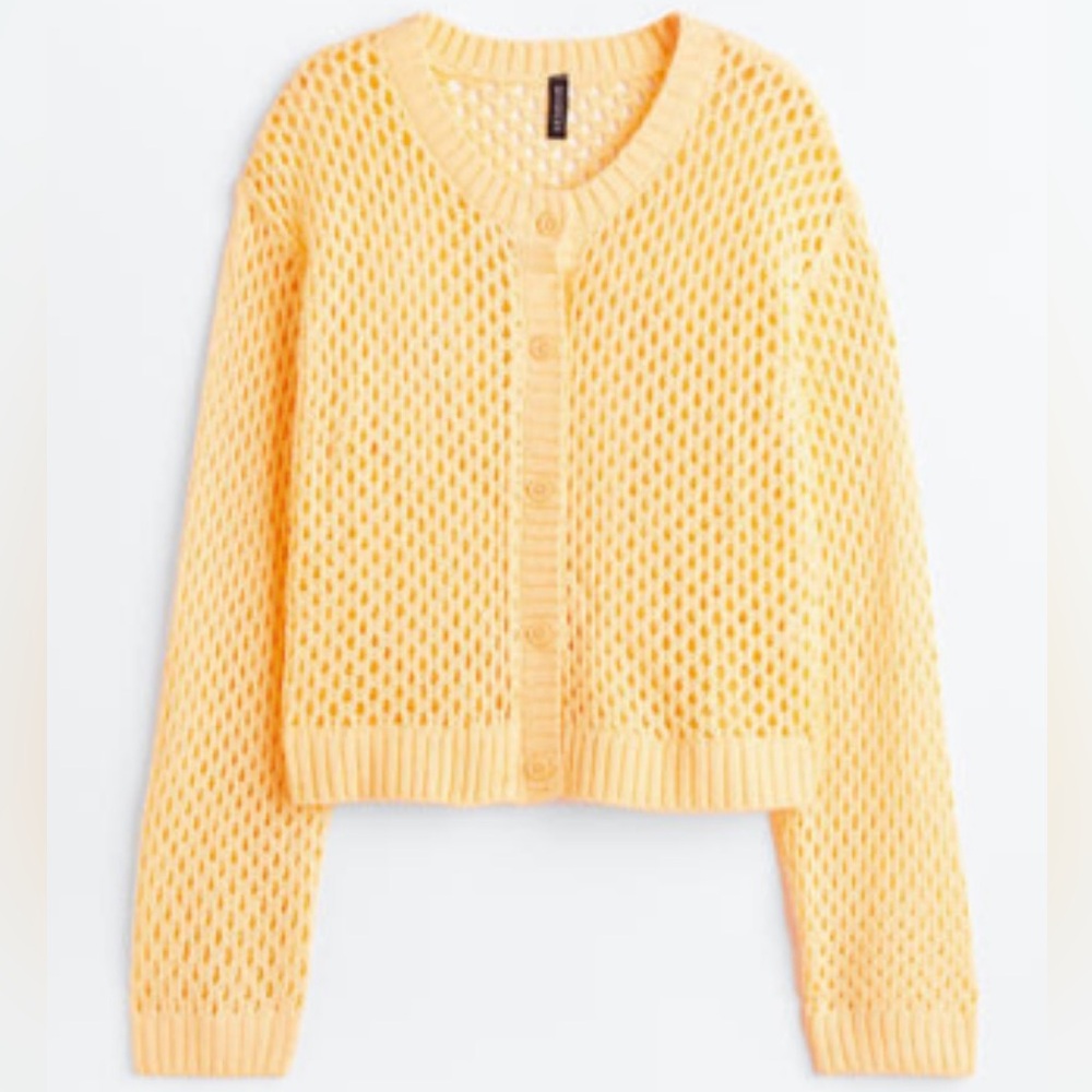 H&M Bright Pastel Yellow Orange Chunky Knit Sweater Cardigan long sleeve